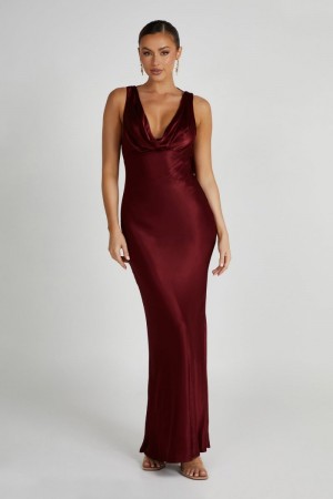 Meshki Angelique Satin Cowl Back Maxi Kjole Dame Bordeaux Danmark | K6L-9510