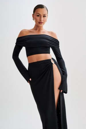 Meshki Camryn Slinky Off Shoulder Crop Toppe Dame Sort Danmark | H7L-1782