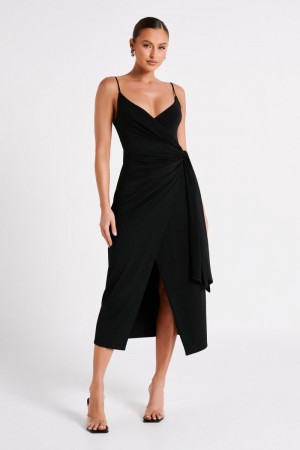 Meshki Caroline Draped Wrap Midi Kjole Dame Sort Danmark | U7A-6289