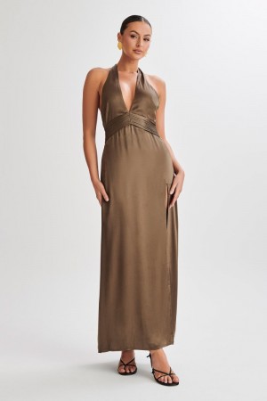 Meshki Milana Halter Maxi Kjole Dame Khaki Danmark | L9A-9516