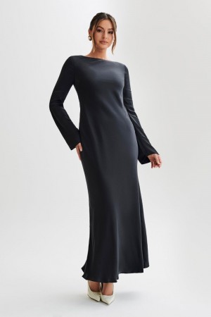 Meshki Rayleigh Long Sleeve Satin Maxi Kjole Dame Sort Danmark | T9H-7831