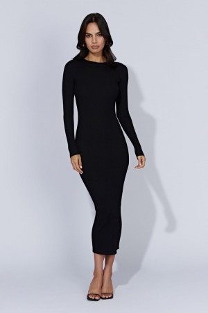 Meshki Rowen Long Sleeve Midi Kjole Dame Sort Danmark | L2G-1750