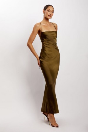 Meshki Sydney Lige Neck Slip Maxi Kjole Dame Khaki Danmark | Y2O-6730