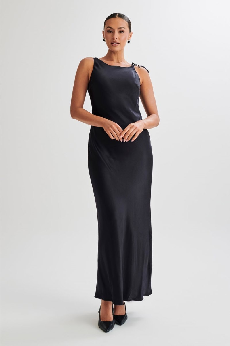 Meshki Annalise Satin Tie Maxi Kjole Dame Sort Danmark | S3G-7707