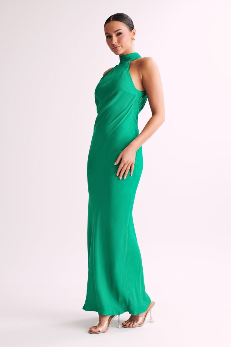 Meshki Claire Satin Drape Back Split Maxi Kjole Dame Grøn Danmark | E2S-6651