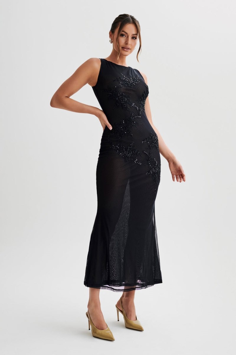 Meshki Maeva Embroidered Mesh Maxi Kjole Dame Sort Danmark | Z2O-0580