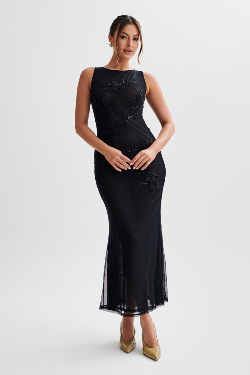 Meshki Maeva Embroidered Mesh Maxi Kjole Dame Sort Danmark | Z2O-0580