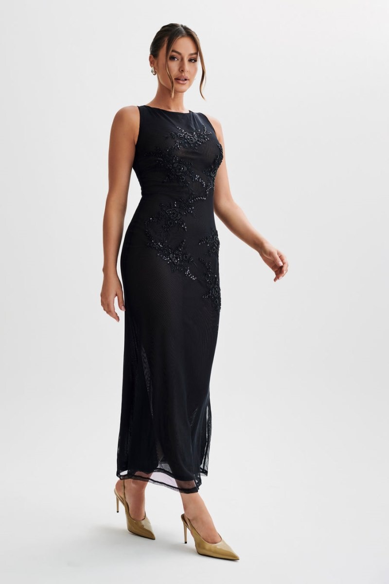 Meshki Maeva Embroidered Mesh Maxi Kjole Dame Sort Danmark | Z2O-0580