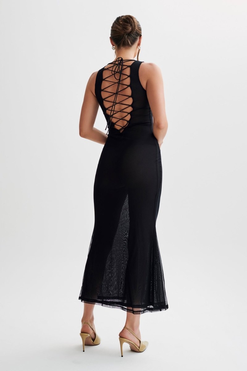 Meshki Maeva Embroidered Mesh Maxi Kjole Dame Sort Danmark | Z2O-0580