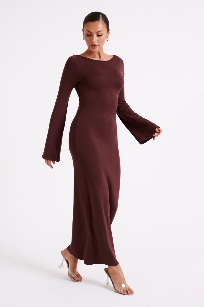 Meshki Marleigh Flare Sleeve Knit Maxi Kjole Dame Mørkechokolade Danmark | Z5P-5253